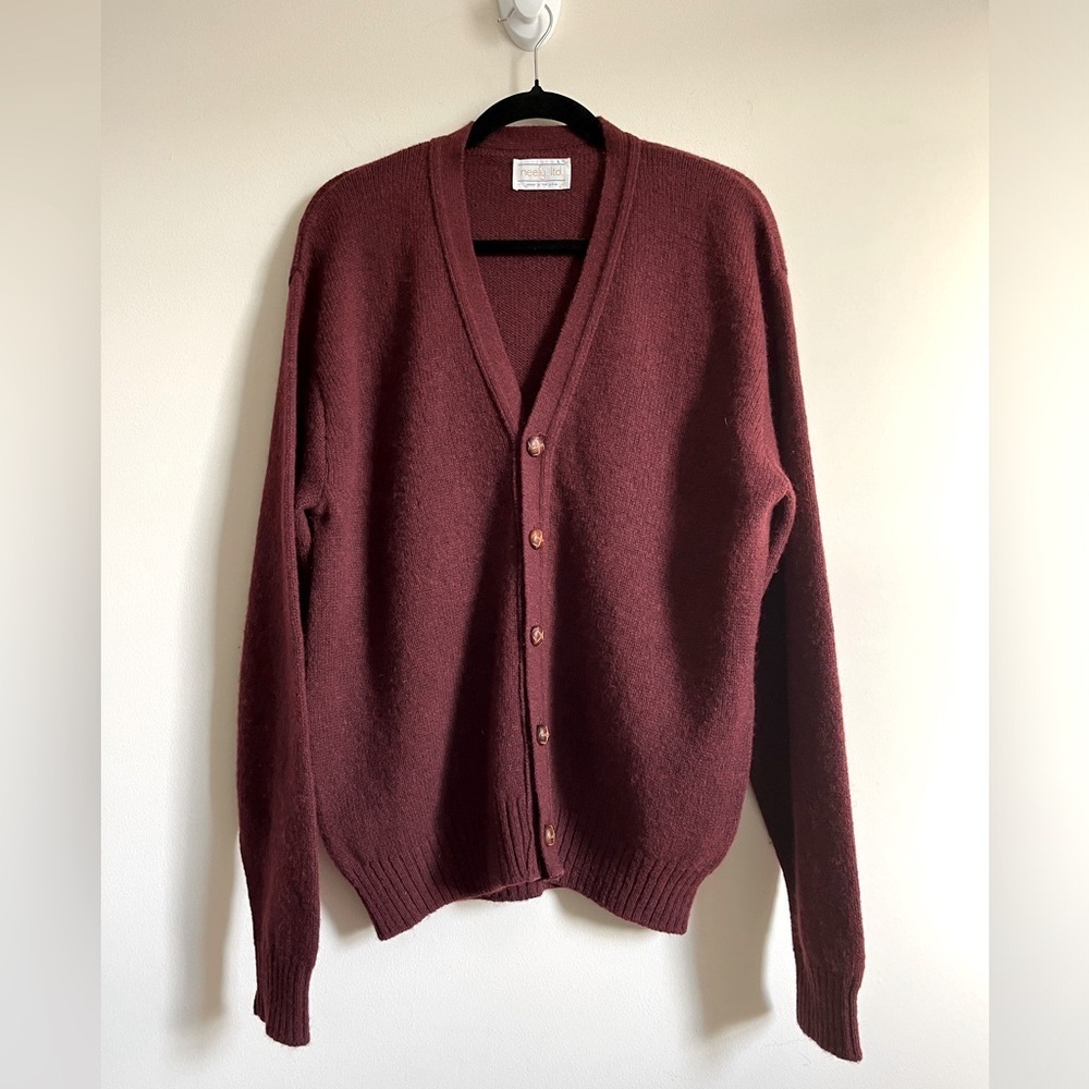 Neely, Ltd Burgundy Button Up Eclectic Grandpa Wool Blend Cardigan Sweater L EUC